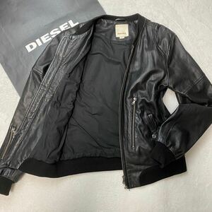 【美品】DIESEL ディーゼル MA-1 レザージャケット ラムレザー ボンバージャケット ライダース ブルゾン 羊革 ブラック 黒 ロゴプレート