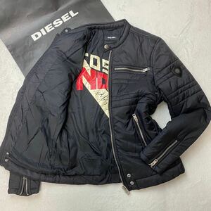 美品●DIESEL ディーゼル ダウンジャケット 中綿 ジップ ブルゾン ライダース アウター ナイロン 裏地ロゴデザイン ロゴ金具 黒 L相当