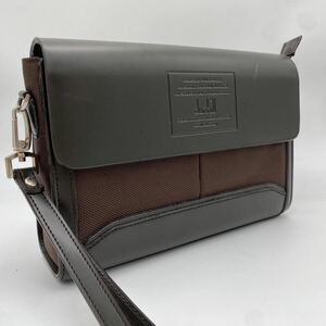  rare design *dunhill Dunhill * second bag clutch bag strap type pushed . Logo business men's leather canvas Brown 