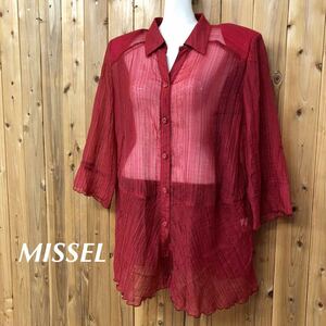 MISSEL＊JUNIOR ミゼール レディースLL 七分袖 シースルーシャツ スキッパー チュニック ギャザー 肩パッド 赤系 春夏服