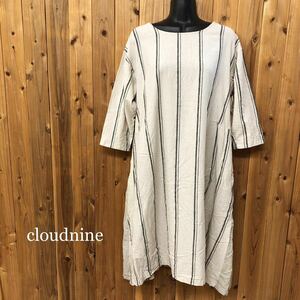 cloudnine＊クラウドナイン レディースM〜L 七分袖 膝丈ワンピース フレア ゆったり ストライプ柄 綿麻 涼感 春夏服 ナチュラル 