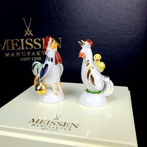 ☆美品 ◆ マイセン　Meissen 手びねり　シュトラング 干支　限定　フィギュリン　置物 鳥　酉　2体 箱・台座つき