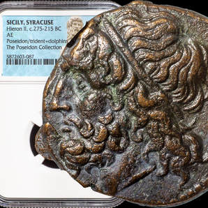 1円スタート！！【ポセイドン古代ギリシャ青銅貨】紀元前275-215年 シチリア島 シラクサ ヒエロン2世 NGC XF/リトラ/アンティークコインの画像1