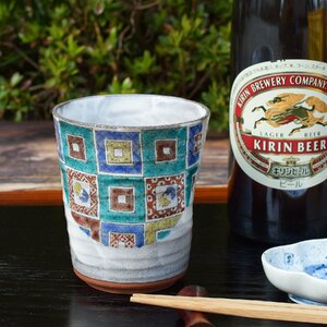 【即決】九谷焼 陶器 ビールグラス 石畳文 ビアカップ 焼酎グラス 伝統工芸品 和食器 日本製 ブランド 美品 新品 未使用