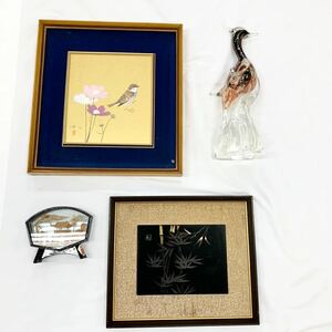 ★まとめ4点★ インテリア 置物 美術品 工芸品 絵画 中国福建制造 オブジェ 軟木画 コルク 鳥 陶器 ガラス製 額装 輪島塗【S81182-525】