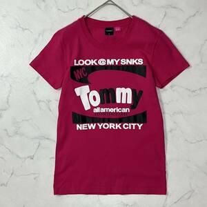 TOMMY トミー 日本製 ビッグロゴ プリント クルーネック リブ コットン 半袖 Tシャツ ピンク M