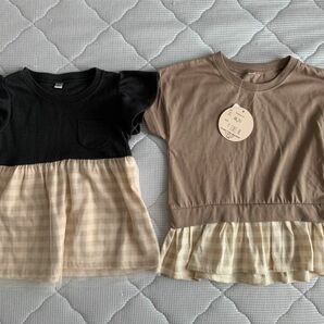 新品 西松屋 95 100 半袖 ペプラム ギンガムチェック チュール チュニック トップス Tシャツ 女の子 子ども服 夏服