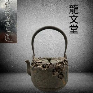 B050道安形鉄瓶 龍文堂造 岩肌蟹紋 花形銅摘蓋 茶道具 煎茶道具 茶注 湯沸 急須 容量約1100ml