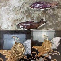 J0178D5 蒔絵硯箱 螺鈿象嵌 魚紋 内金銀蒔絵人物波魚文 硯 筆 墨 筆置 畫道具 文房具 硯筥 漆器 漆工芸 時代物_画像4