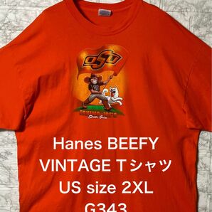 USA アメリカ古着 ビッグサイズ 2XLsize Hanes BEEFY オレンジTシャツ 両面プリント エスキモー ビンテージ