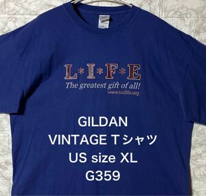 USA アメリカ古着 フロント文字プリント XLsize GILDAN ブルーTシャツ VINTAGE 青 シンプル ギルダン