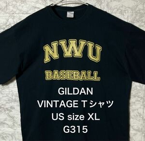GILDAN ブラック US古着 XLsize NWU ベースボールTシャツ ゴールド文字プリント VINTAGE オーバーサイズ