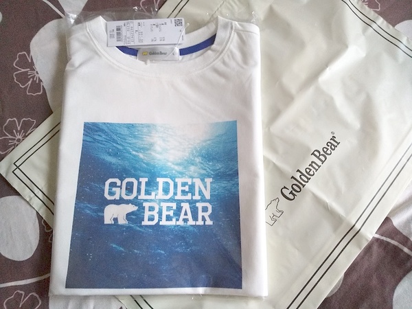 【送料無料】ゴールデンベア Tシャツ,Lサイズ,袖に刺繍のロゴ付き,Golden Bear,水色,青,白,メール便