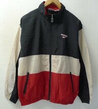 ◆Reebok リーボック 90s XL 大きめ メンズXS相当 切替デザイン ナイロン ジップ ジャケット 黒×白×赤 サイズ135　古着_画像1