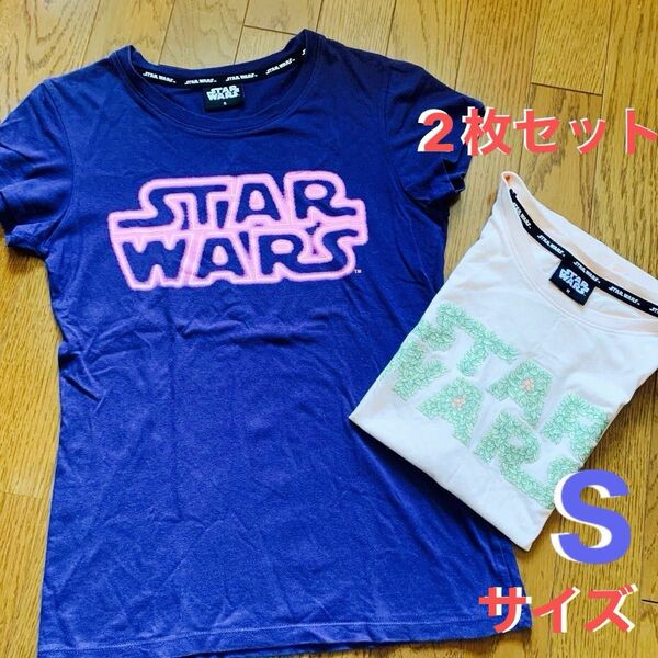 STAR WARS 半袖Tシャツ　レディース半袖　 Tシャツ トップス　ネイビー＆ベージュ？ラメ入り　ロゴ　160 