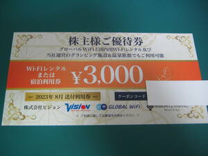 ビジョン　株主優待　Wi-Fiレンタルまたは宿泊利用券　１枚３０００円分　３枚まで