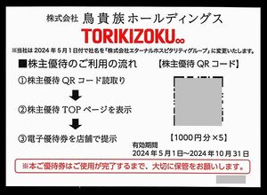 「鳥貴族 株主優待【電子優待券5000円分】」 / 番号通知のみ / 有効期限2024年10月31日