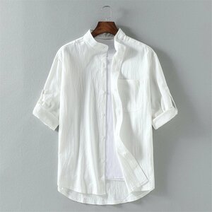 メンズシャツ 7分丈袖 トップス カジュアルシャツ 開襟シャツ 麻綿風 スタンドカラーシャツ ゆったり サマーシャツ 無地 夏服 ホワイト XL