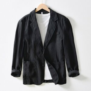テーラードジャケット メンズリネンジャケット ブレザー 麻綿 ビジネススーツ サマージャケット 長袖 コート 紳士服 無地 ブラック XL