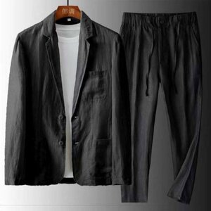 メンズ スーツセット セットアップ テーラードジャケット テーパードパンツ 上下2点セット 綿麻風 スラックス フォーマル ブラック　2XL
