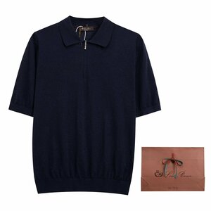 Loro Piana　ロロピアーナ メンズ 半袖 ニットポロシャツ Tシャツ 春夏 ネイビー Lサイズ 紳士服 ニットカットソー トップス ウール