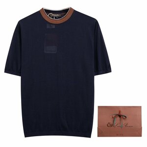 Loro Piana　ロロピアーナ メンズ 半袖 ニットTシャツ ネイビー Mサイズ 紳士服 ニットカットソー トップス シルク 薄手 春夏 丸首