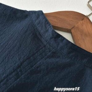 リネンシャツ メンズ カジュアルシャツ 半袖 プルオーバー ヘンリーネック 立ち襟 シンプル 夏服 トップス ネイビー 3XLの画像4