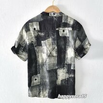 リネンシャツ メンズ Tシャツ 新品　カジュアルシャツ　パッチワーク 落書き アート柄 半袖　トップス グレー　2XL_画像2