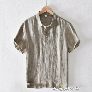 Tシャツ メンズ カジュアルシャツ ポロシャツ スリム 半袖シャツ シンプル 無地 カジュアル 通気性 麻　カーキ　2XL