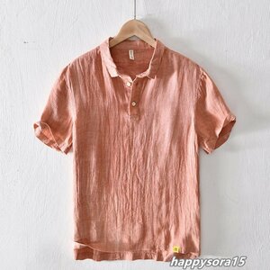 Tシャツ メンズ カジュアルシャツ ポロシャツ スリム 半袖シャツ シンプル 無地 カジュアル 通気性 麻　オレンジ　3XL