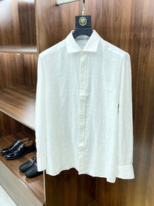 BRUNELLO CUCINELLI(ブルネロ クチネリ) メンズリネンシャツ　長袖シャツ トップス カジュアルシャツ 麻 薄手 無地 ホワイト Lサイズ