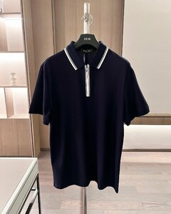 Loro Piana　ロロピアーナ メンズ ポロシャツ 半袖Tシャツ 綿　春夏　ネイビー　 Lサイズ 紳士服　無地　カノコ