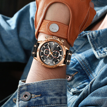 LIGE メンズ 腕時計 高品質 クオーツ カジュアル スポーツ ミリタリー ウォッチ 0028 クロノグラフ 防水 時計 ローズゴールド × ブラック_画像2