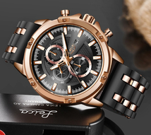 LIGE メンズ 腕時計 高品質 クオーツ カジュアル スポーツ ミリタリー ウォッチ 0028 クロノグラフ 防水 時計 ローズゴールド × ブラック_画像3