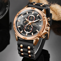 LIGE メンズ 腕時計 高品質 クオーツ カジュアル スポーツ ミリタリー ウォッチ 0028 クロノグラフ 防水 時計 ローズゴールド × ブラック_画像1