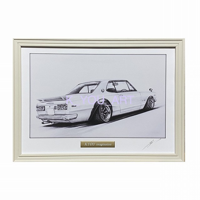 NISSAN Skyline (Hakosuka) GTR 2 door rear side [Pencil drawing] Famous car Old car illustration A4 size Framed Signed, artwork, painting, pencil drawing, charcoal drawing