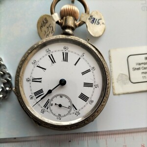 アンティーク、レトロな懐中時計、Hampden Pocket Watch　1888年製、機械式手巻き　11石、銀製、フロント＆リヤオープンです