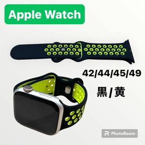新品☆アップルウォッチ スポーツバンド Apple Watch ベルト 黒/黄 通気性◎ 蒸れにくい