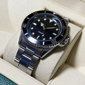クオーツ ダイバーズ デザイン 3針 腕時計 ウオッチ アルミベゼル メタルブレス [サブマリーナー デザイン]の画像3