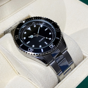 クオーツ ダイバーズ デザイン 3針 腕時計 ウオッチ アルミベゼル メタルブレス [サブマリーナー デザイン]の画像2