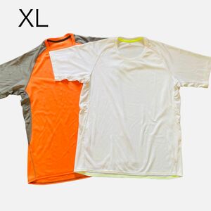 GU メンズ　トレーニングシャツ　スポーツ　Tシャツ　即乾　メッシュ　半袖　クルーネック　イエロー　ホワイト　XLサイズ