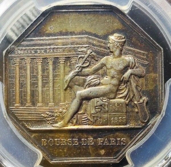 【MS63】PCGS　1845　フランス　ジェトン　パリ証券取引所　株式仲買人　八角銀貨　銀メダルトークン　P社準最高鑑定