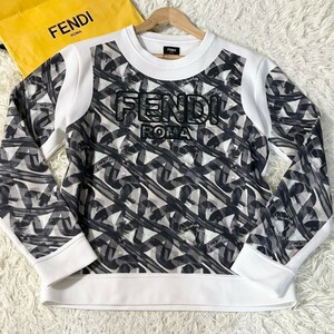 極美品/Lサイズ●FENDI フェンディ ロゴ クルーネック スウェット トレーナー 総柄 ROMA 正規品 切替デザイン