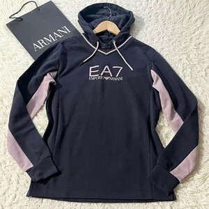 未使用級/XLサイズ●EMPORIO ARMANI / エンポリオアルマーニ ビッグイーグルロゴ パーカー バイカラー タグ付 EA7 フード ネイビー