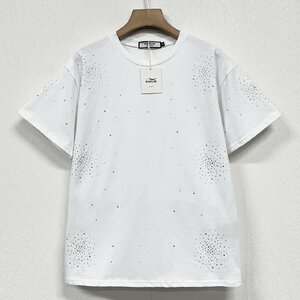 個性ヨーロッパ製※定価2万◆ブルガリア発※RISELIN 半袖Tシャツ 綿100% 薄手 通気 ラインストーン 光沢感 ゆったり スウェット 街着 XL/50