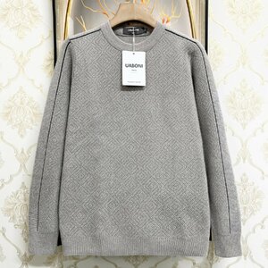 一枚限定EU製＆定価5万◆UABONI*Paris*セーター*ユアボニ*パリ発◆上品 ミンク/カシミヤ混 暖かい 保温 ソフト 総柄 お洒落 通勤 メンズ L