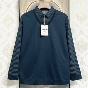 一枚限定EU製＆定価4万◆UABONI*Paris*ポロシャツ*ユアボニ*パリ発◆コットン100％ 上品 ソフト 快適 ストライプ 紳士 通勤 XL/50サイズ