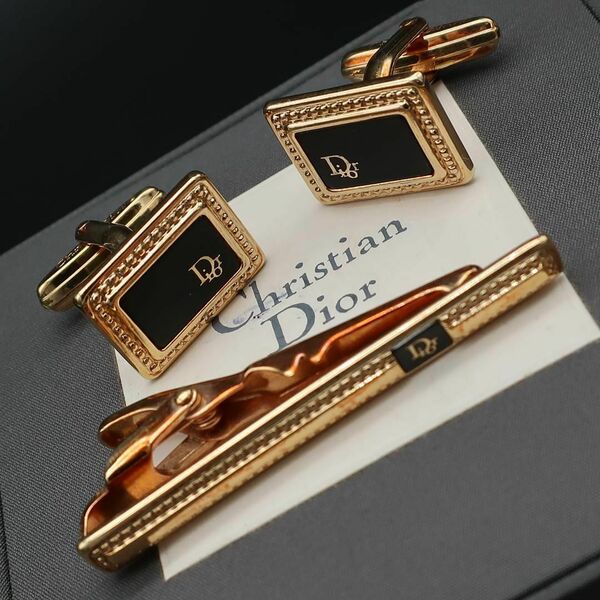 正規品 ディオール Dior タイピン Necktie pin カフス Cuffs ゴールド Gold 黒 Black セット Set 箱 Box Authentic Mint