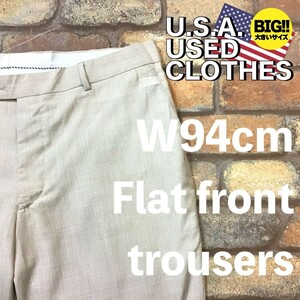 BP2-630★W94センチ位★USA買付商品★良品★ベージュ★【V ITALI SLIM】ノータック スラックス【W38 メンズ XL】古着 薄手生地 ゴルフ