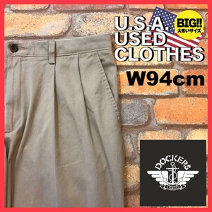 BP3-262★W94センチ位★USA買付商品★ワイドシルエット【DOCKERS】2タック スラックス【W36程度 メンズXL】ベージュ ゴルフ ワーク 古着